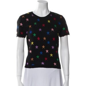 Alice + Olivia Crew Neck Short-Sleeve Sweater with Multicolor Star Motif